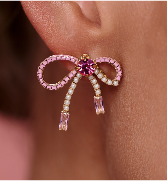 Kolczyki różowe kokardki z kryształkami KLU0134