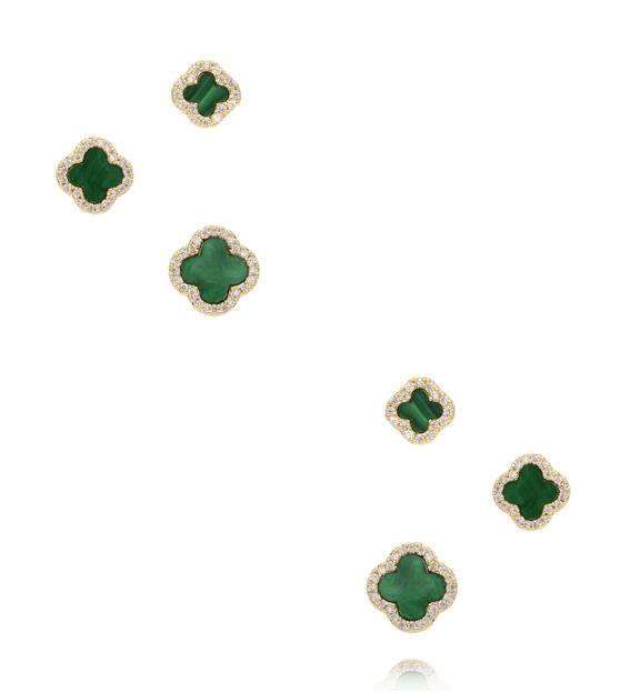 Zestaw złoconych kolczyków z zielonym kamieniem i cyrkoniami KMB0034