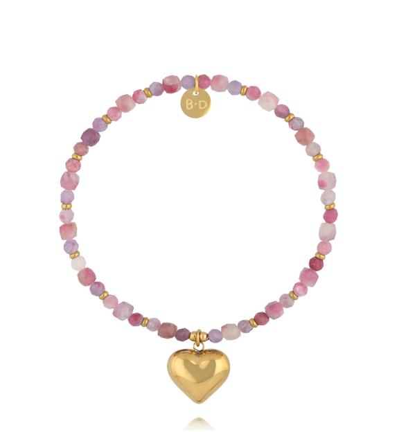 Bransoletka z różowego turmalinu ze złotym sercem BPA0607