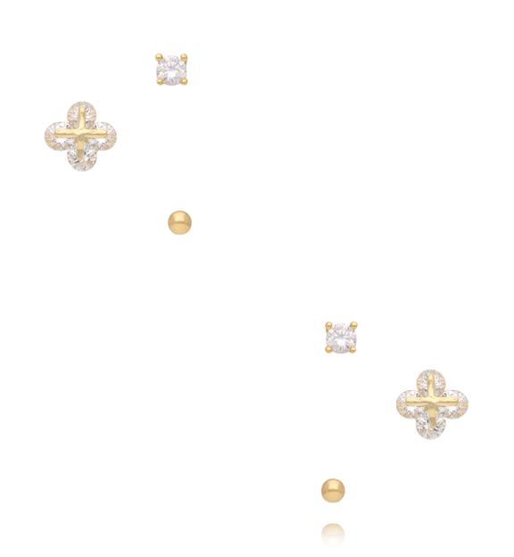 Zestaw złoconych kolczyków – koniczynka z cyrkoniami, cyrkonia i złota kuleczka KMB0022
