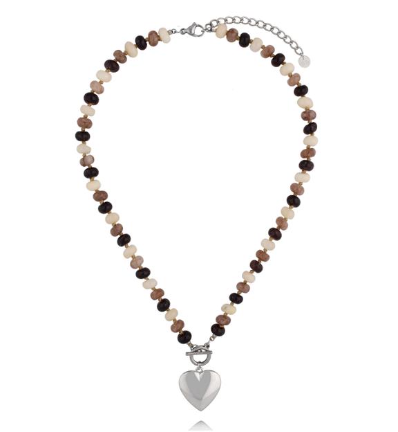 Naszyjnik w odcieniach kawy i karmelu ze srebrnym sercem NPA1631