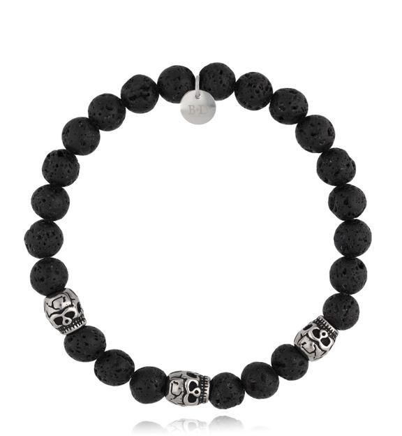 Bransoletka męska z lawą wulkaniczną i czaszkami Odin  BMITC0617