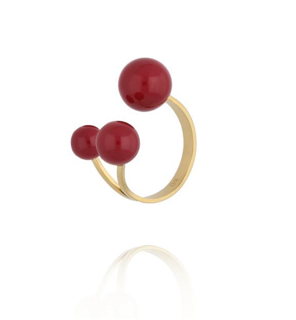 Pierścionek z trzema kulami z bordową emalią PSA1179