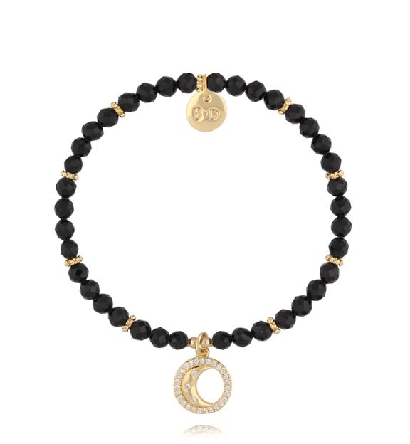 Bransoletka z czarnych agatów z zawieszką księżyca BTW3614