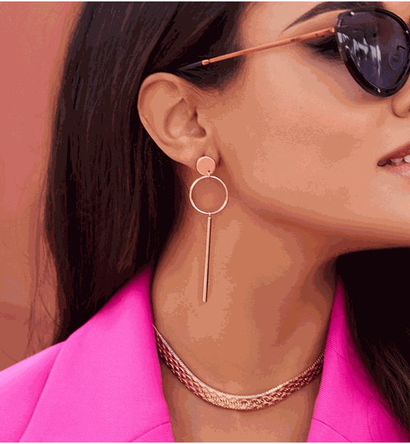 Kolczyki złote wiszące kółka różowe KRG0443