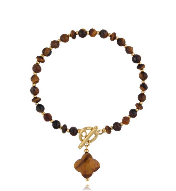 Bransoletka tygrysie oko z koniczynką i złotym zapięciem BPA0652