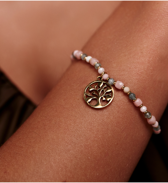 Bransoletka z różowym opalem i apatytami z zawieszką Drzewo Życia BTW3697