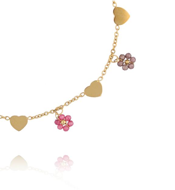 Bransoletka na nogę z serduszkami i kolorowymi kwiatami BNTW0107