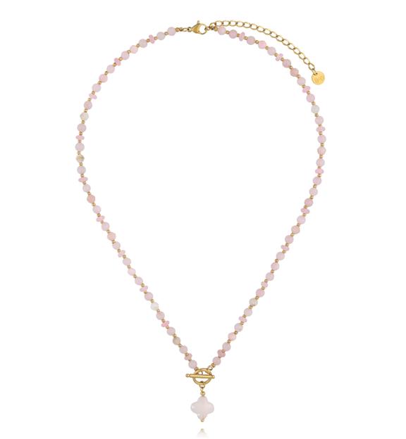 Naszyjnik z różowego kwarcu z zawieszką koniczynki NPA1609