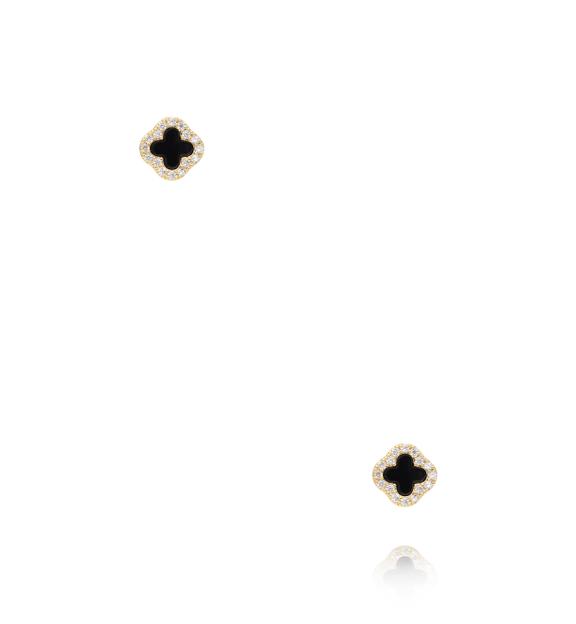 Zestaw złoconych kolczyków czarnych koniczynek z cyrkoniami KMB0040