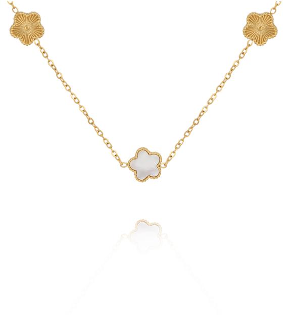 Naszyjnik z koniczynkami i kwiatowymi detalami na złotym łańcuszku NSY0883