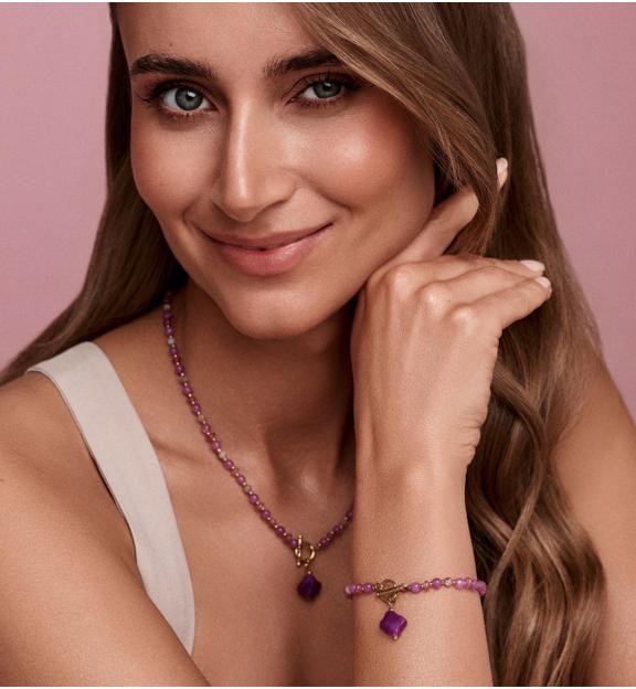 Zestaw biżuterii z kamieniami naturalnymi i fioletową koniczynką ZN0229