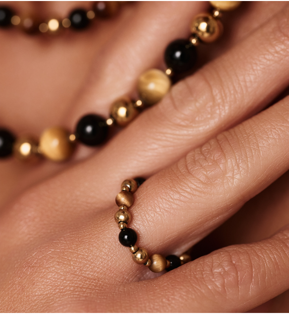 Pierścionek z agatami i tygrysim okiem PPA0068