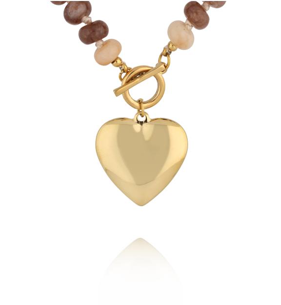 Naszyjnik z kamieni naturalnych w odcieniach beżu i brązu z zawieszką serce NPA1514