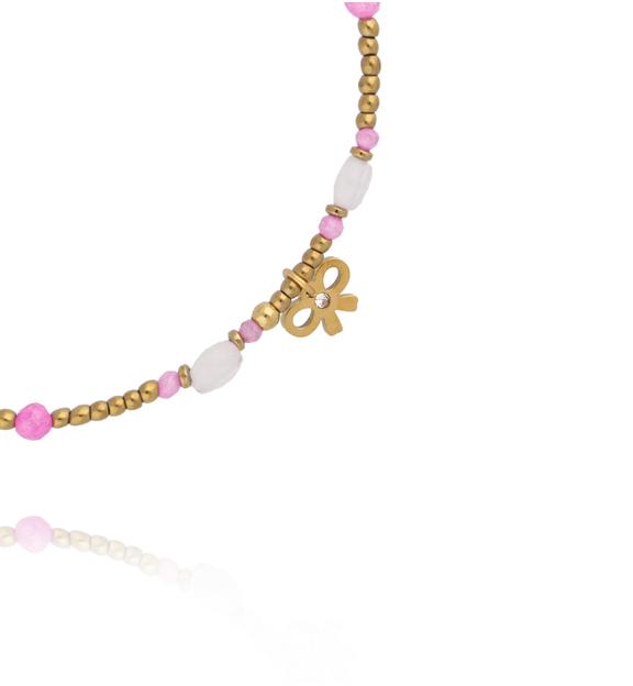 Bransoletka z różowym kwarcem i złotą kokardką BTW3520