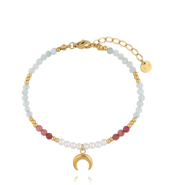Bransoletka z akwamarynem, rodonitem i perłami z zawieszką księżyca BSY0425