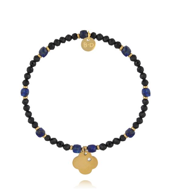 Bransoletka z czarnego turmalinu i lapisu ze złotą koniczyną BTW3507