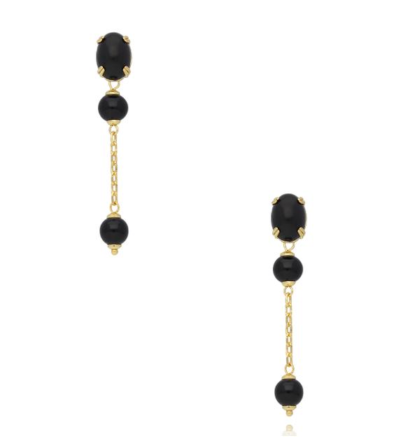 Kolczyki wiszące z czarnym kamieniem i złotym łańcuszkiem KSS2201