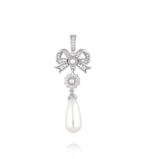 Charms srebrna kokardka z kryształkami i wiszącą perłą CHSS0035