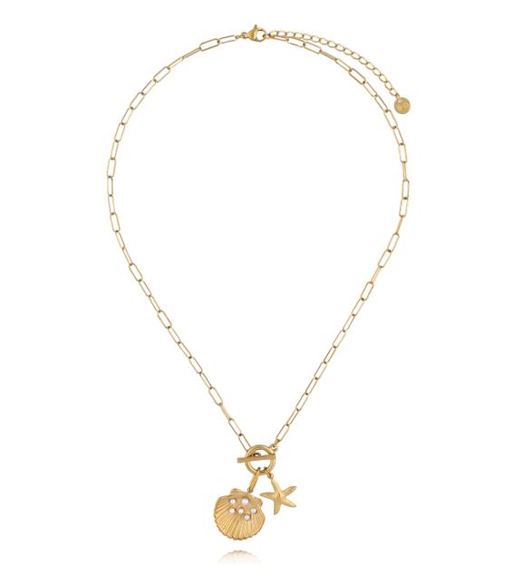 Naszyjnik z muszlą, rozgwiazdą i perełkami na złotym łańcuszku NSY0753
