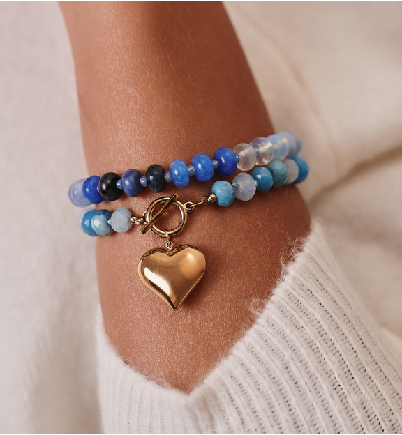 Zestaw bransoletek z niebieskich kamieni naturalnych i złotym sercem ZN0005