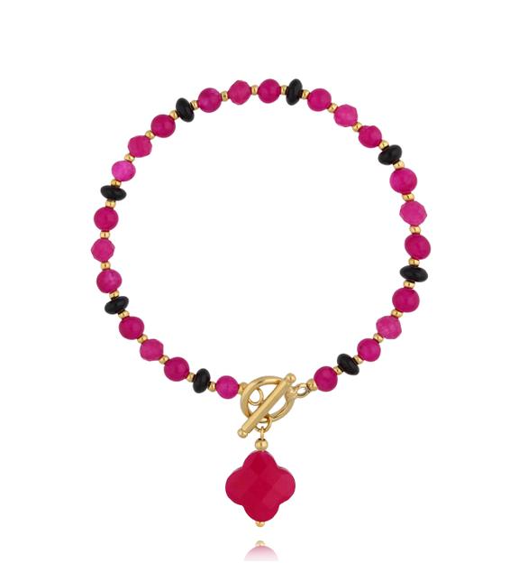 Bransoletka z jadeitami z koniczynką i złotym zapięciem BPA0641