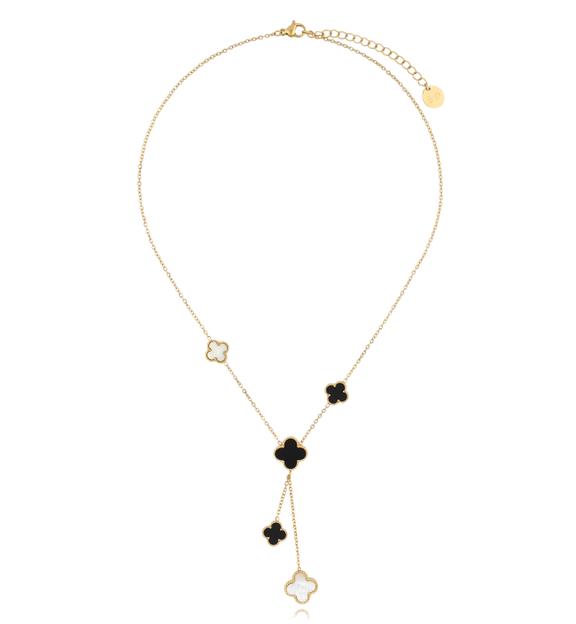Naszyjnik złoty z czarnymi i perłowymi koniczynkami Clover NSY0170