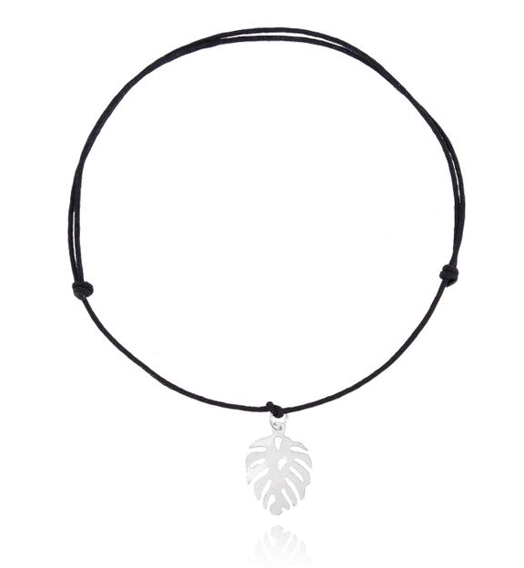 Bransoletka srebrna monstera na czarnym sznurku BSE0076
