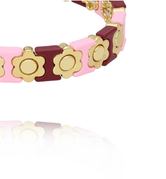 Bransoletka elastyczna z kwiatowym motywem w odcieniach różu, bordo i złota BCR0091