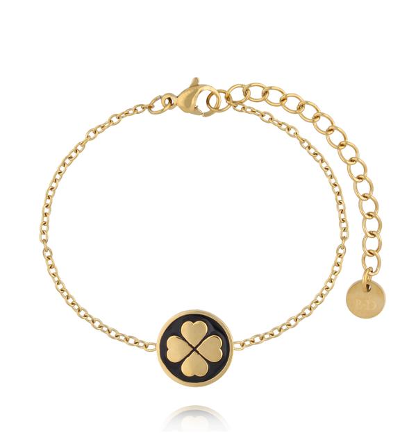 Bransoletka z czterolistną koniczynką w czarnej emalii BSA0993