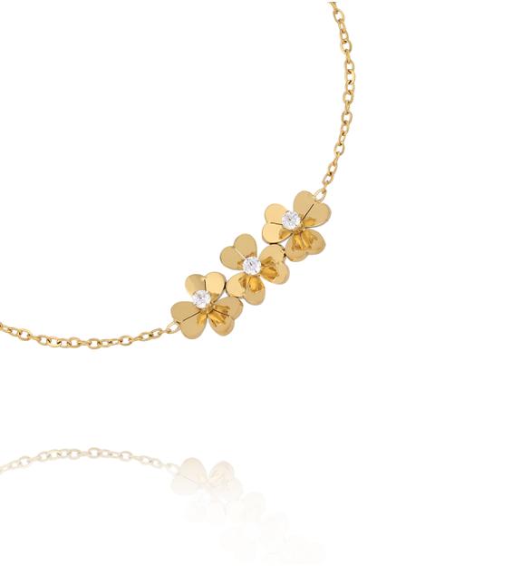 Bransoletka na delikatnym łańcuszku z trzema złotymi kwiatami i cyrkoniami BSY0595
