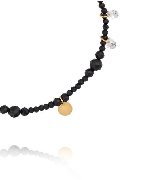 Bransoletka z czarnych, fasetowanych kamieni z kryształkami i złotymi zawieszkami BTW3671