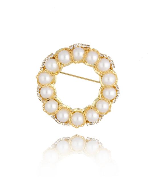 Broszka złota z perłami i kryształkami Classic Pearl BRPE0008
