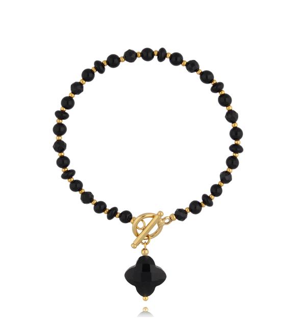 Bransoletka czarna z koniczynką i złotym zapięciem BPA0650