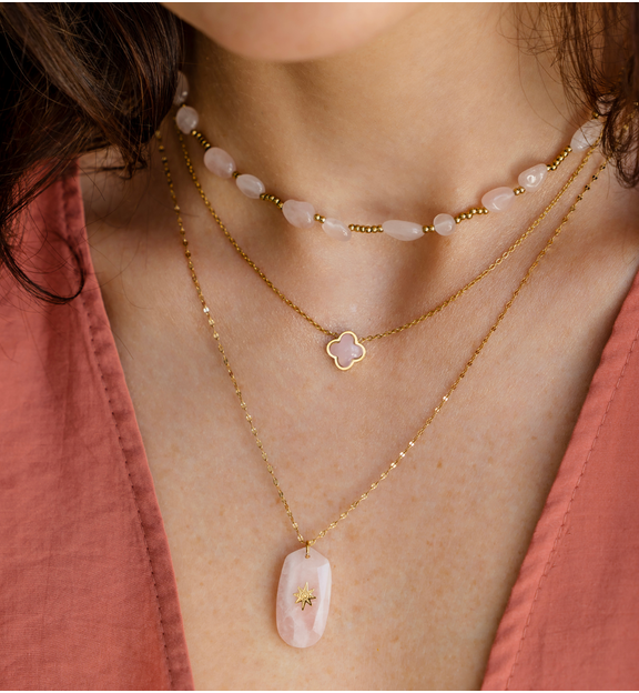 Naszyjnik z koniczynką z kwarcem różowym Pink Chick NSA1273