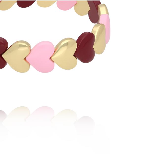 Bransoletka elastyczna z serduszkami w odcieniach pudrowego różu, bordo i złota BCR0082