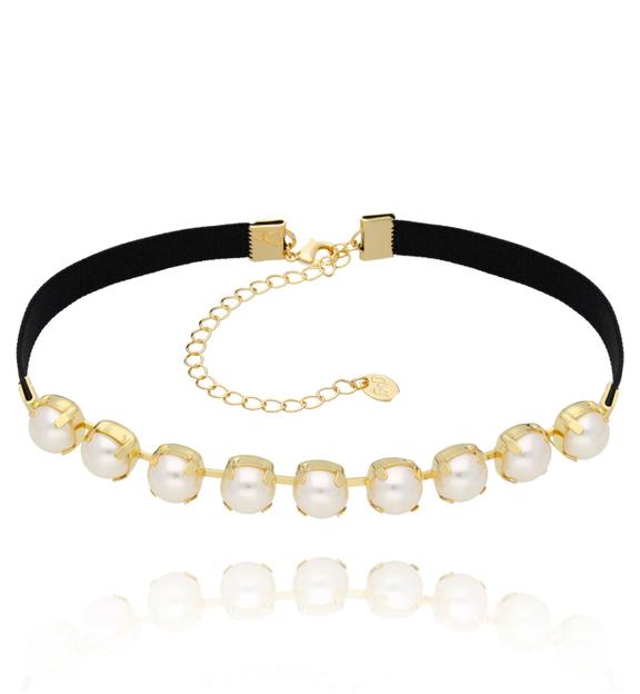 Choker czarny z tasiemką i perłami Atissa NS0178