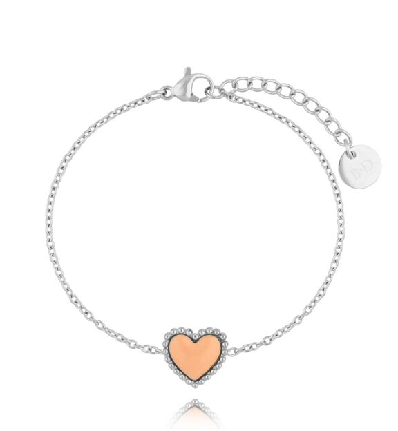 Bransoletka srebrna z sercem i brzoskwiniową emalią Enamel Heart BSA0594
