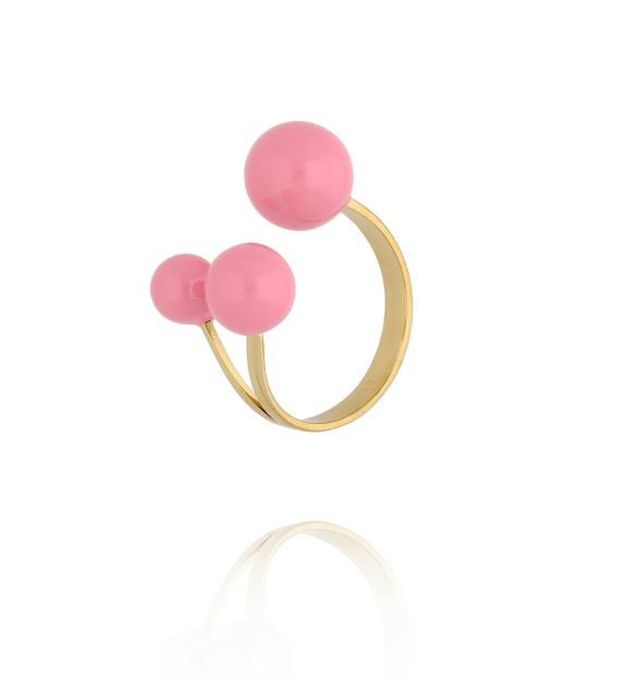 Pierścionek z trzema kulami z różową emalią PSA1178