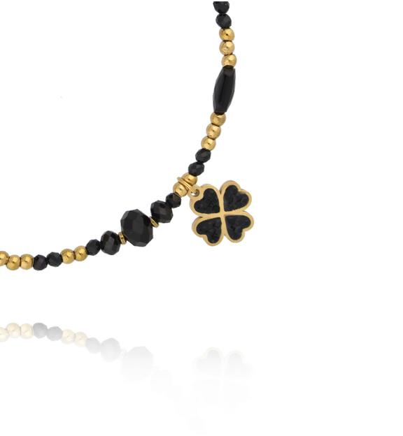 Bransoletka z czarnego turmalinu i czarnego agatu ze złotą koniczyną BTW3519