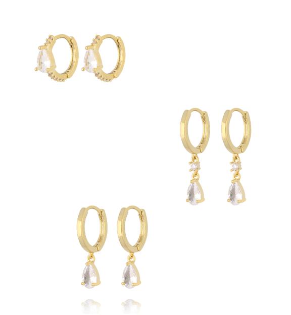 Zestaw złoconych kolczyków z kryształową łezką KMB0068