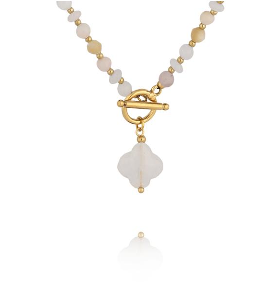 Naszyjnik z muszli i białego jadeitu z zawieszką koniczynki NPA1611