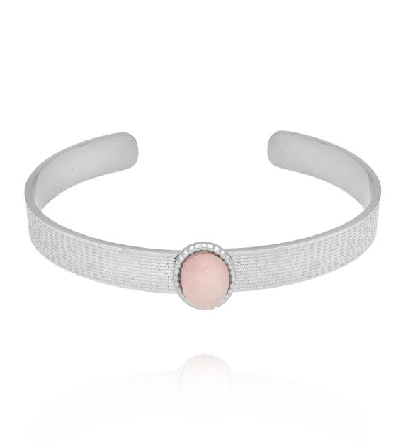 Bransoleta srebrna open cuff z kwarcem różowym BSY0477