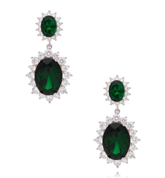 Kolczyki z zielonymi kryształami i cyrkoniami w srebrnym wykończeniu KSS2251