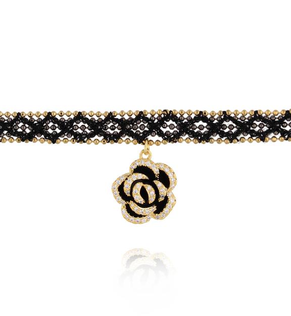 Choker czarny koronkowy z kwiatem w stylu haute couture NLU0048
