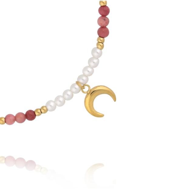 Bransoletka z akwamarynem, rodonitem i perłami z zawieszką księżyca BSY0425