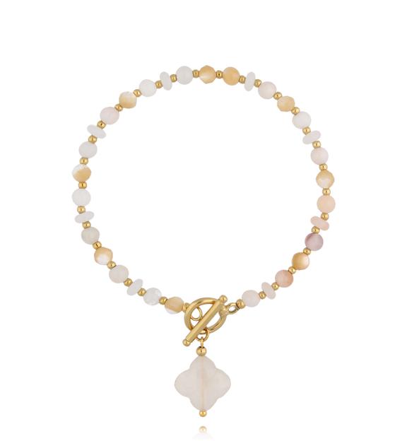 Bransoletka z jadeitami z koniczynką i złotym zapięciem BPA0637