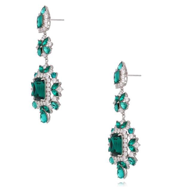 Kolczyki z zielonymi kryształami i cyrkoniami w srebrnym wykończeniu KSS2252