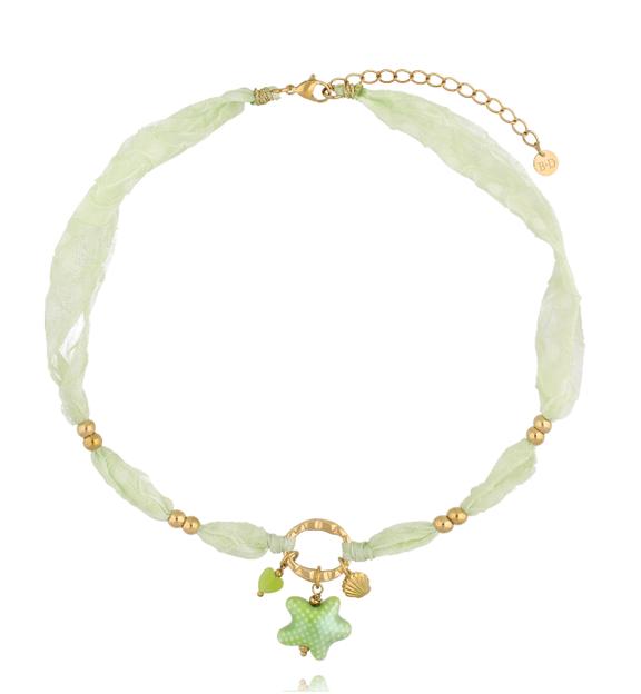 Naszyjnik zielony z tkaniny z zawieszką rozgwiazdy NSH0129