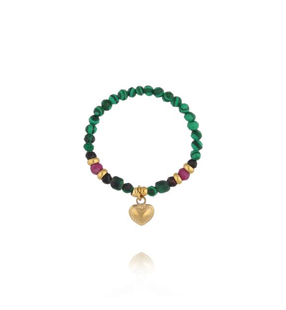 Pierścionek elastyczny z malachitem, czarnym turmalinem i rubinem PTW0636